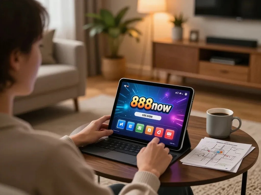Playing on 888now com from a cozy home setup, emphasizing relaxed gambling experience.