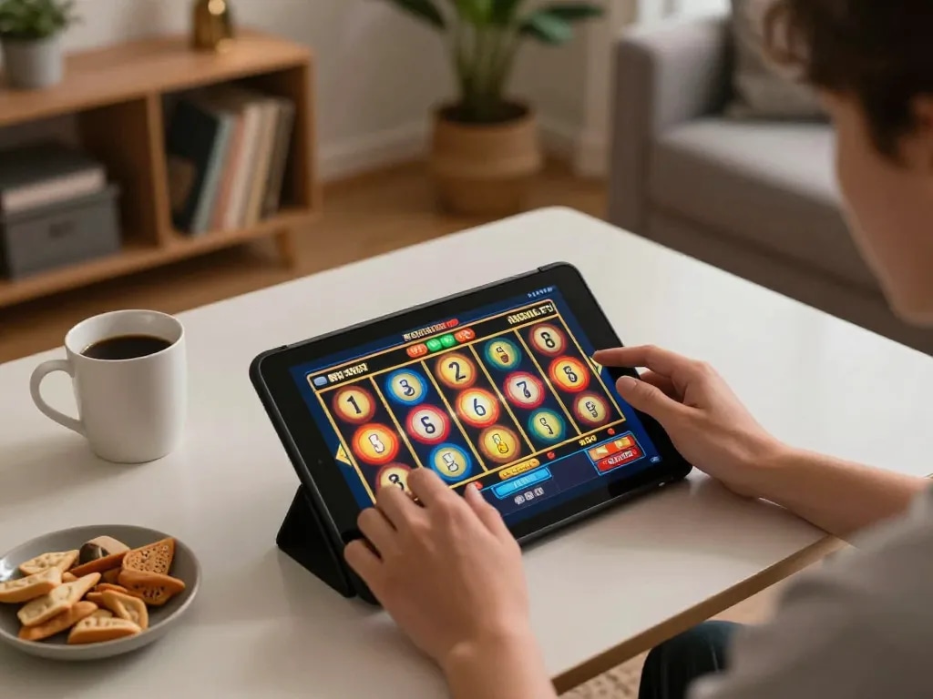 Aku demo in action on tablet screen displaying vibrant slot game, capturing relaxed online gaming atmosphere.
