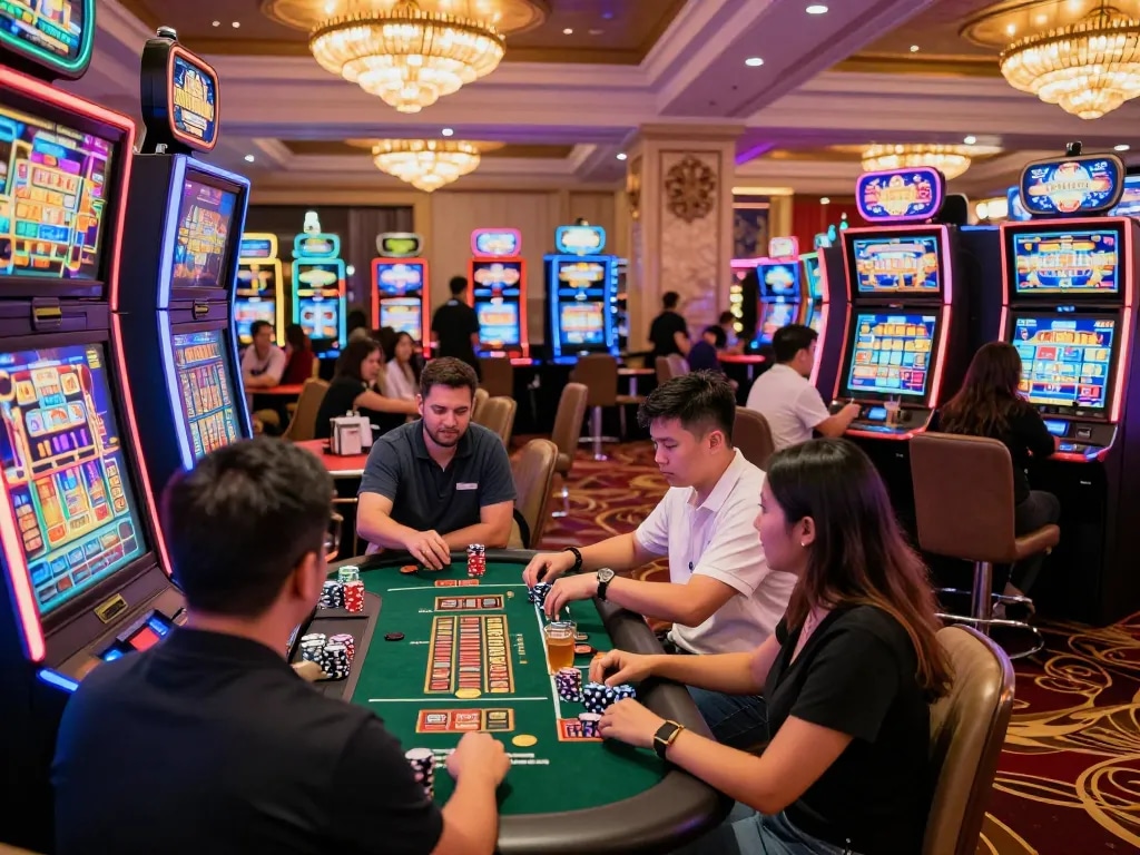 Pemain menikmati mesin slot link di suasana kasino yang meriah penuh dengan kegembiraan