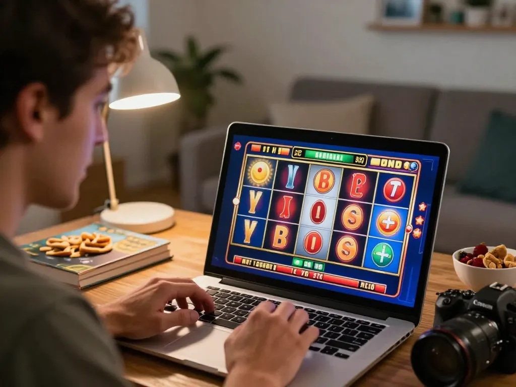 Situs slot gaming experience featuring player enjoying an online slots game on a laptop, vibrant visuals and cozy atmosphere.