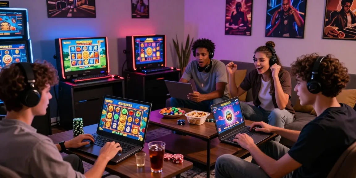 Exciting group playing slot deposit 1k games in a cozy gaming environment with vibrant screens and snacks.