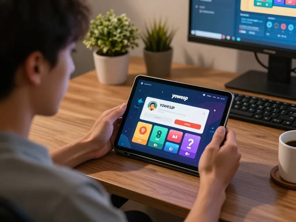 Engaging with yowesjp login on a tablet for online lottery gameplay in a cozy home office.