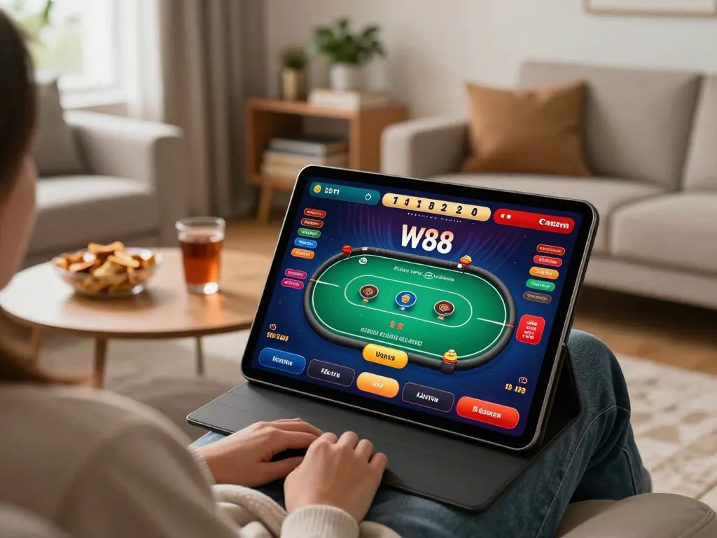W88 poker game displayed on a tablet during a cozy home gaming session
