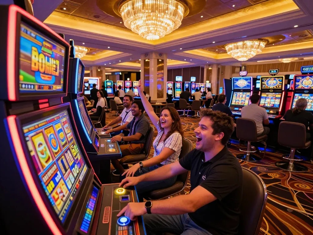 okwin enthusiasts celebrate a win at a vibrant slot machine in a luxurious casino, showcasing excitement and thrill.