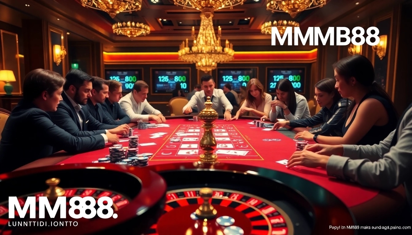 Players engaging in an exciting poker game at MM88.LONDON, showcasing vibrant gaming elements.