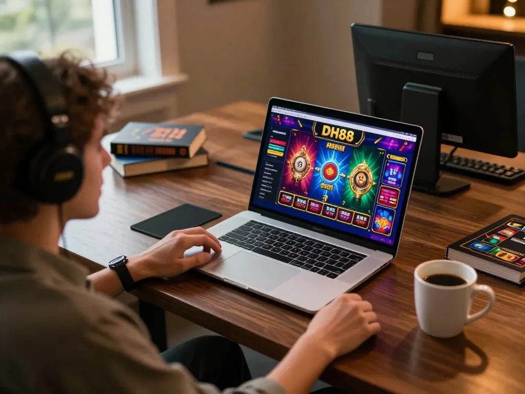 Player enjoying online gaming at dh88.bio with colorful game interface and cozy setup
