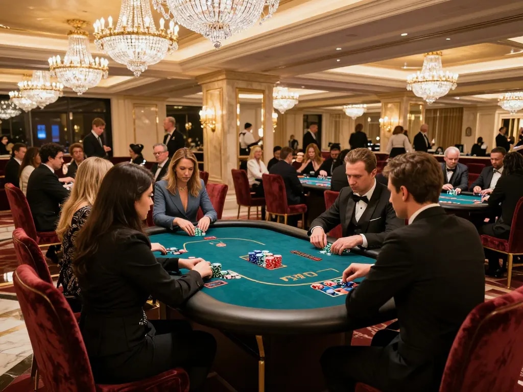 High-stakes poker players showcasing strategic gameplay in a luxurious setting at vipwin