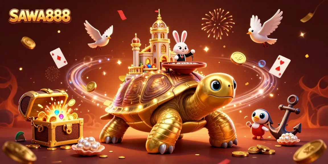 Engage with SAWA888's vibrant casino scene featuring a golden tortoise carrying a mini casino and thrilling elements.