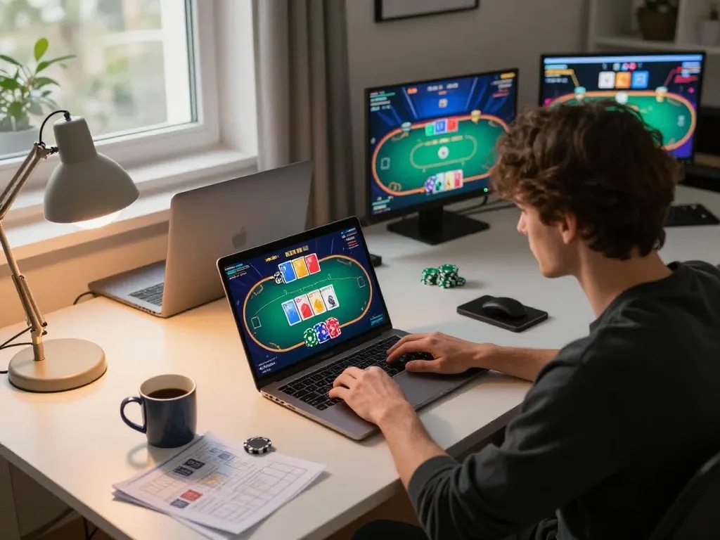 BL555 player engaged in online poker game, vibrant display showcasing cards and chips, cozy home atmosphere.