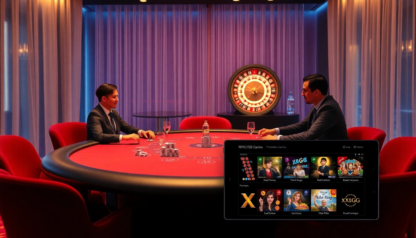 Engaged players at a luxurious poker table with the XXGG interface displayed, showcasing excitement and professionalism.