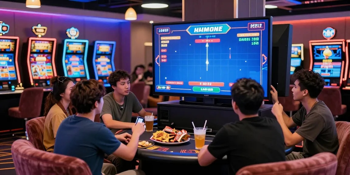 A diverse group of friends enjoying the Aviator 1xBet crash game at a modern online casino while preparing to cash out.
