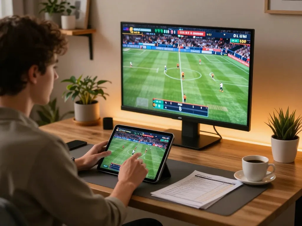 Bong88 user actively placing sports bets on a tablet in a cozy home office setting, showcasing strategic gameplay.