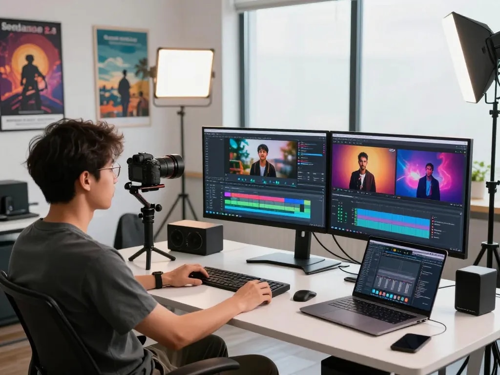 Creating with seedance 2.0 in a dynamic AI video production workspace featuring advanced editing tools and creative ambiance.