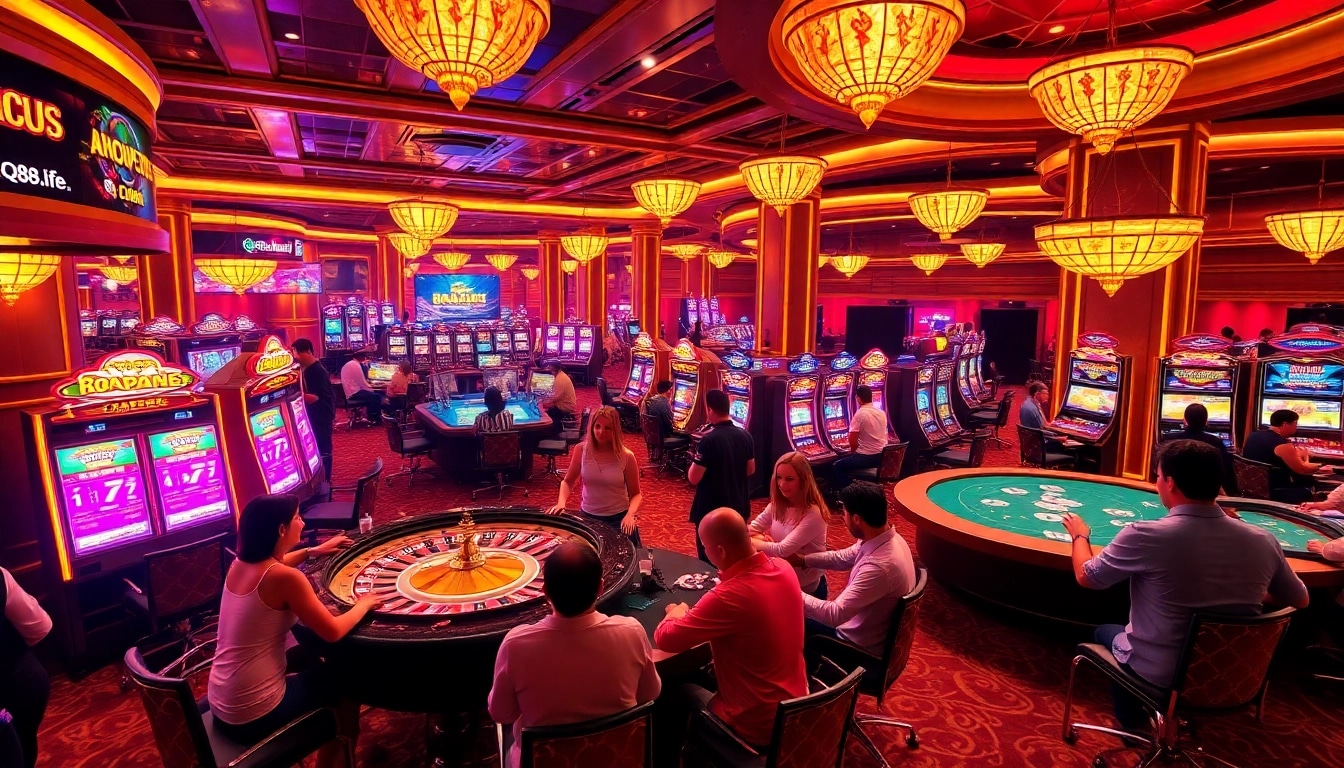 Players enjoying casino games at https://qq88.life/ with vibrant slot machines and a roulette table.