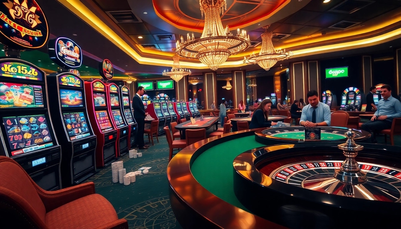 Engage in exhilarating gameplay with depo 5k at vibrant casino tables featuring slot machines and poker hands.