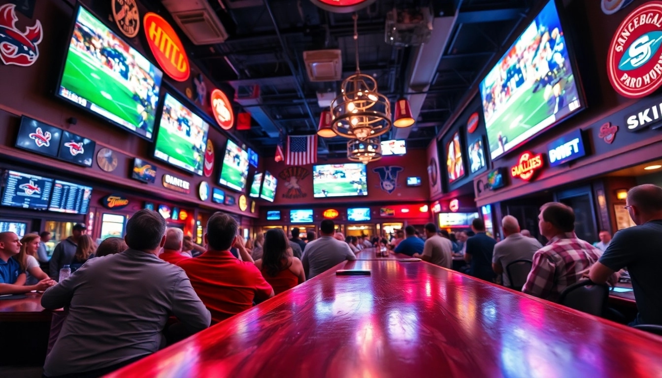Engaging atmosphere showcasing online sportsbooks Oklahoma with fans enjoying sports betting at a lively venue.