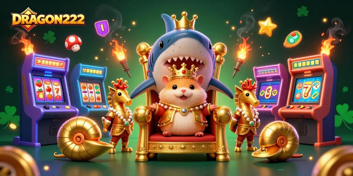 Experience high-stakes action with the DRAGON222 casino scene featuring vibrant game elements and royal characters.