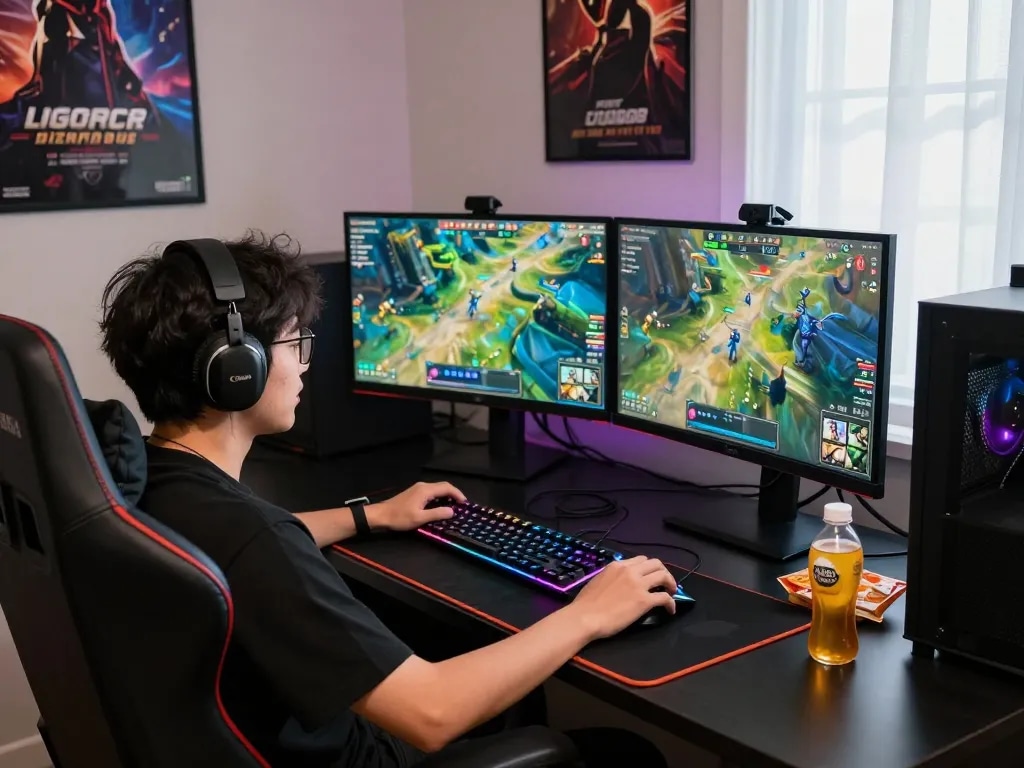 Exciting online gaming ambiance at ligasedayu with dual monitors displaying vibrant graphics.