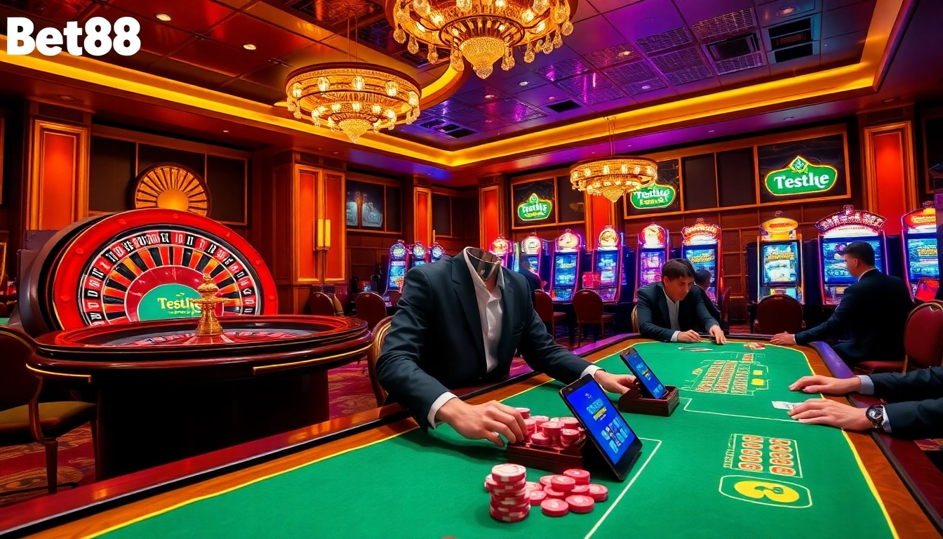 Visualize Bet88 đăng nhập with a vibrant casino atmosphere featuring roulette and slot machines.