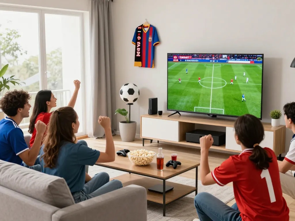 CakhiaTV streaming exciting football matches in a lively living room with fans cheering and snacks.