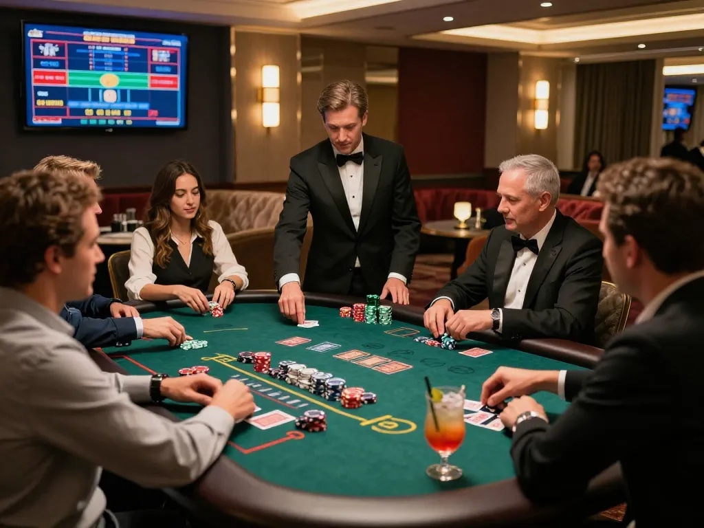 Experience the excitement of live gaming at https://bong99.pro/ with players at a blackjack table in a luxury setting.
