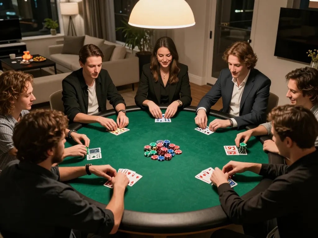 luck8 players enjoying a friendly poker game at home, analyzing hands and betting strategically