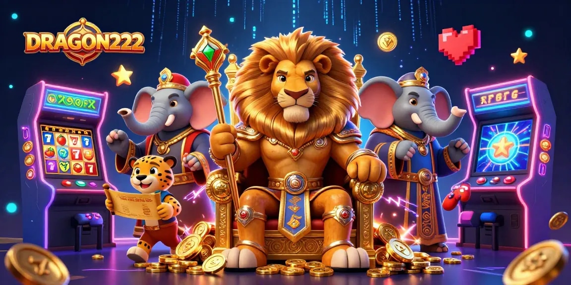 Play slots with DRAGON222, featuring a regal lion king, elephant, and cheetah in a lively casino scene.