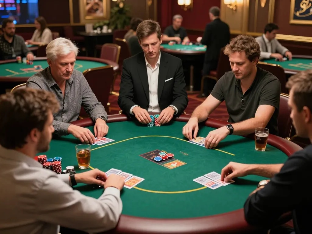 Poker tournament scene showcasing players and dealer in vibrant casino setting, highlighting the excitement around 88i gaming.