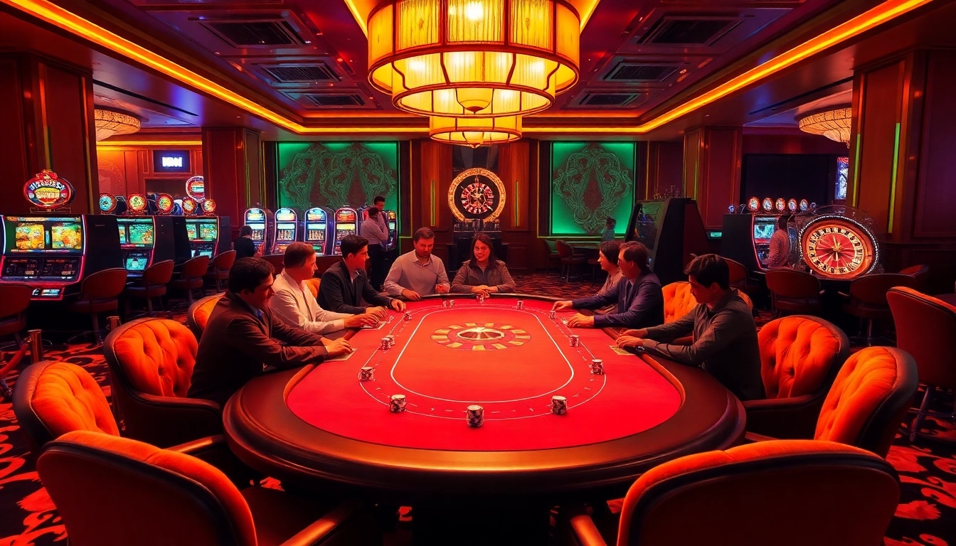 Exciting casino atmosphere showcasing Lc88 Link gaming table with players and vibrant decor.