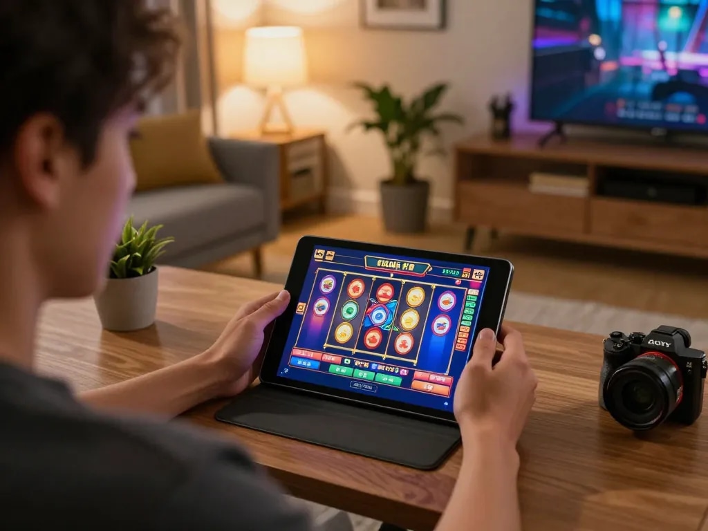 Player enjoying situs slot games on a tablet within a cozy home setting, showing engagement and excitement