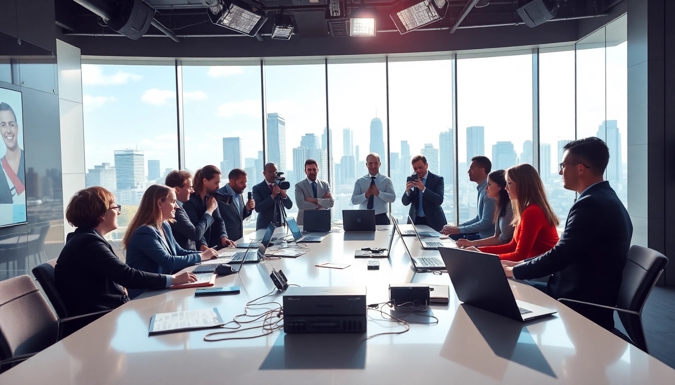 Journalists collaborating on the latest news in a professional setting.