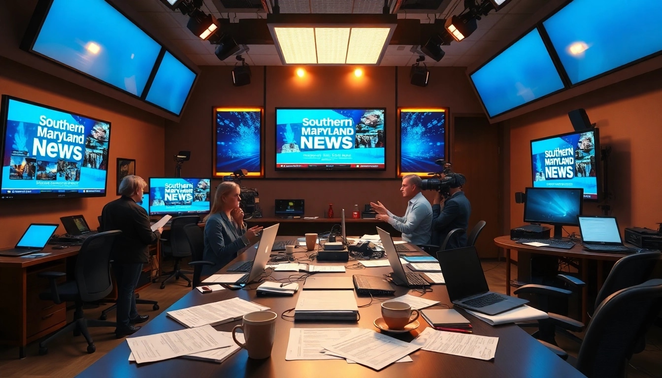 Engaging newsroom scene with journalists reporting Southern Maryland news at https://southernmarylandchronicle.com