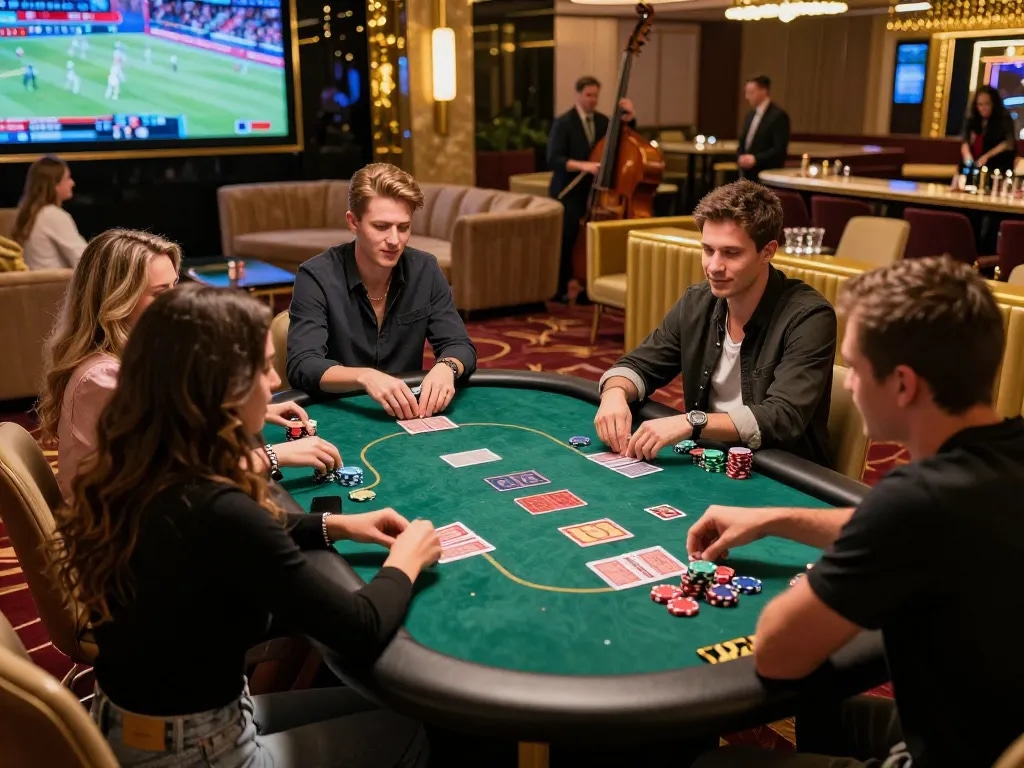 Exciting casino hubet88 scene with friends enjoying a lively poker game.