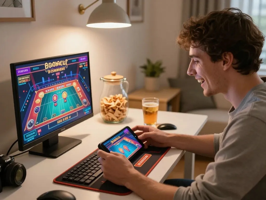 Engaging in king33 mobile betting, a user celebrates winning with colorful casino graphics on smartphone.