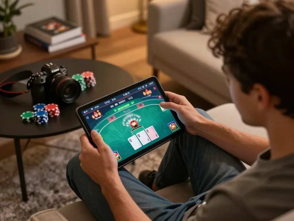 Player engaged in online poker on a tablet, showcasing strategic moves with a slot server thailand gaming interface