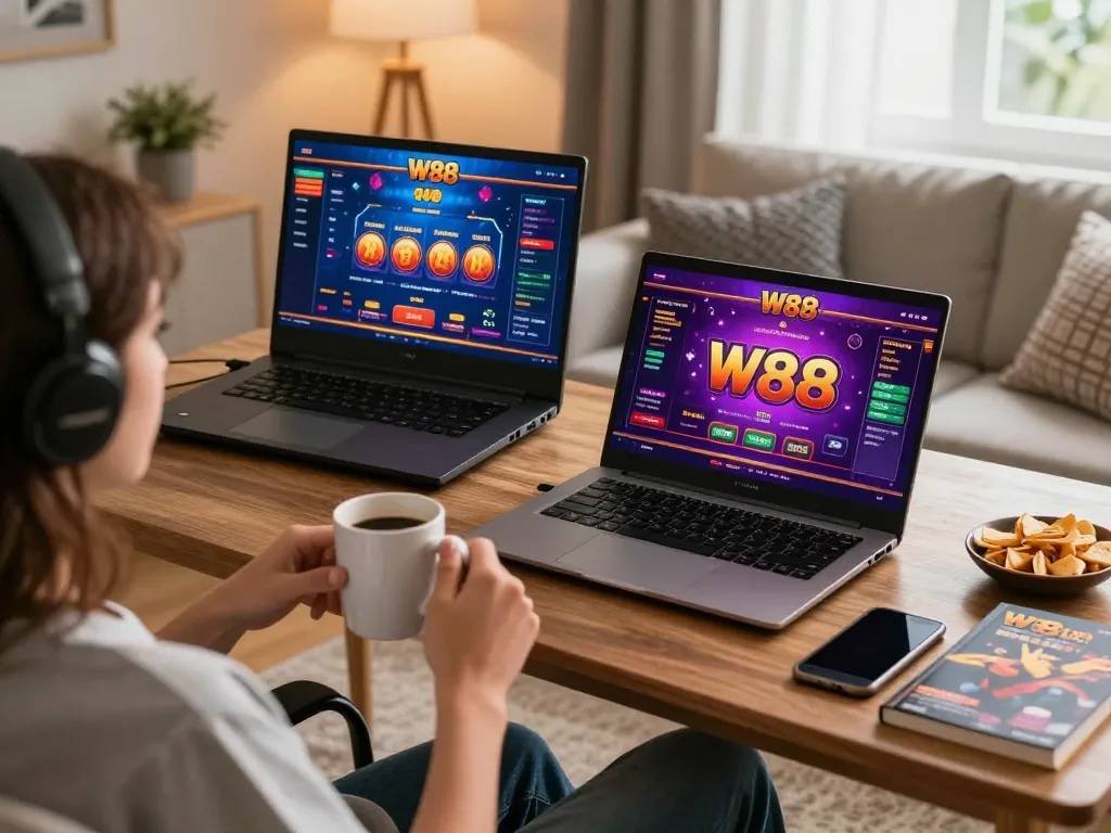 Engaging gameplay experience on W88 online casino setup in a cozy living room environment.