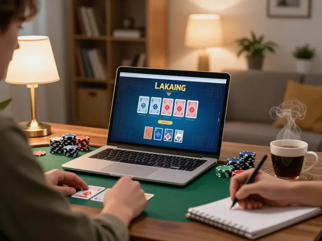 Player strategizing on rr88 while enjoying online poker in a cozy home setting.