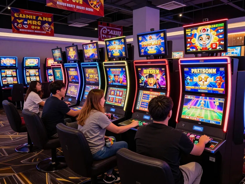 Players enjoying engaging slot games at vegasslot77 online casino, vibrant environment with illuminated machines and cheerful atmosphere.