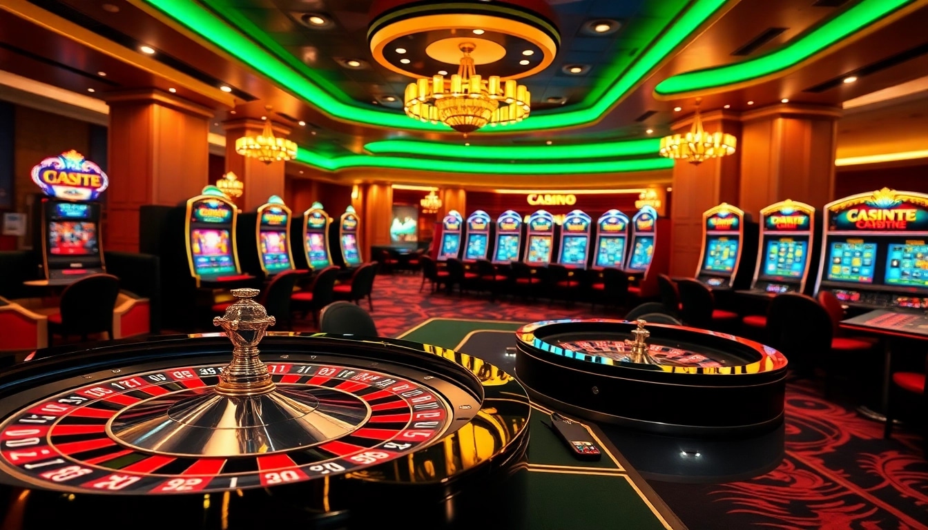 Une scène engageante de casino en ligne avec des joueurs interagissant avec la roulette et des machines à sous dans une atmosphère vibrante.