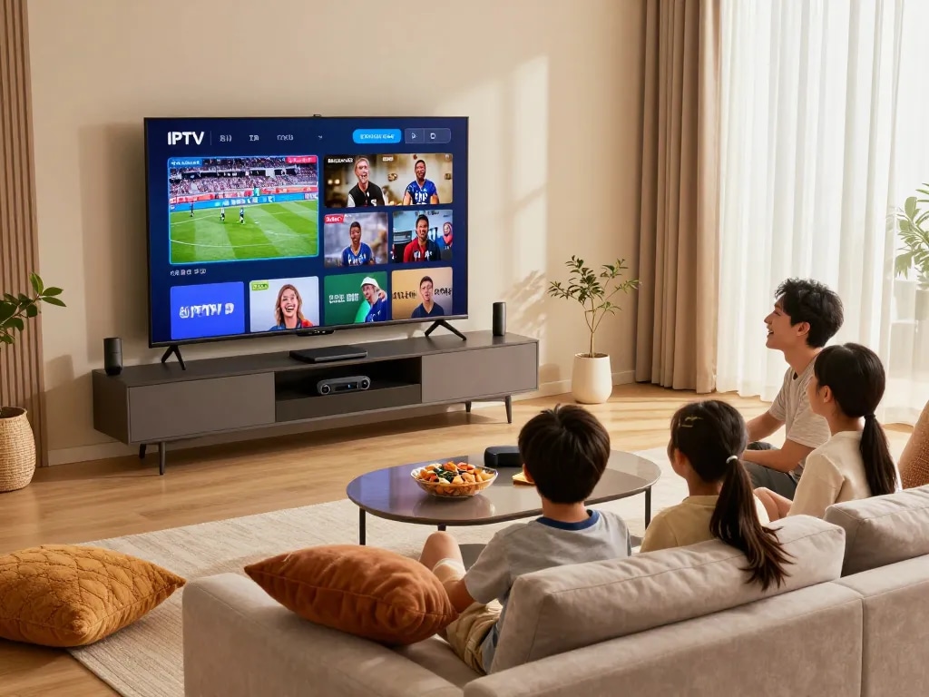 Gezin geniet van IPTV TV-streaming in een stijlvol woonkamer, met diverse kanalen en een gezellige sfeer.