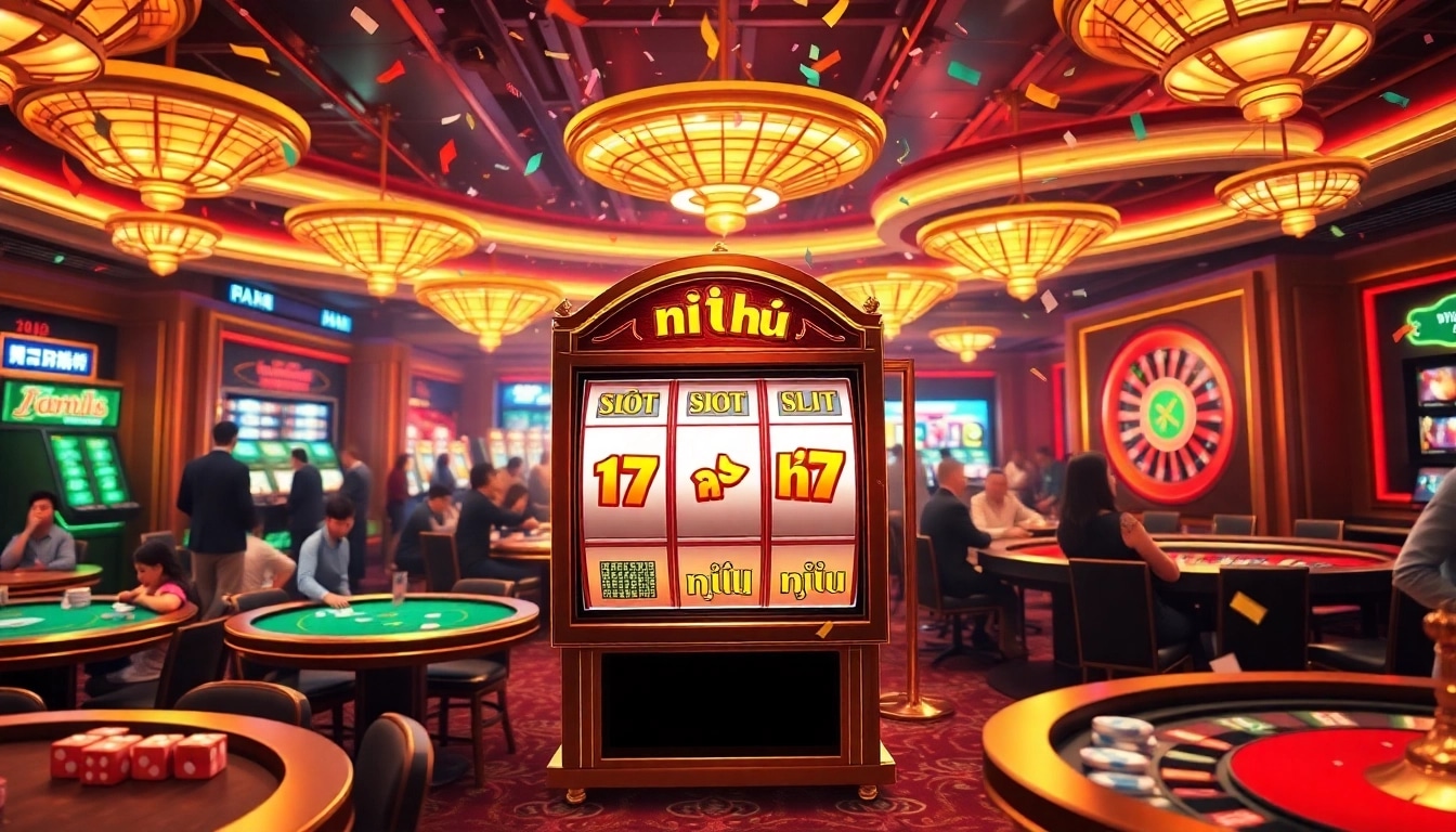 Nổ hũ slot machine surrounded by enthusiastic players and glamorous casino elements