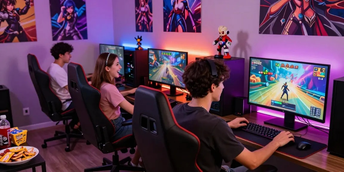 Gamer couple enjoying a hentai game in a vibrant gaming room filled with fun decor.