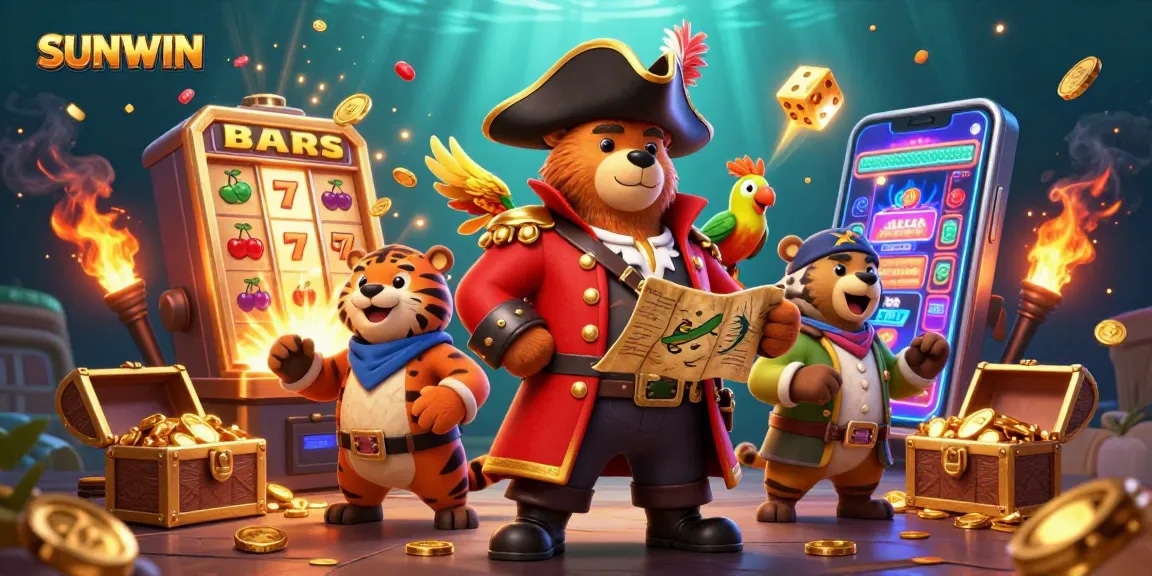 SUNWIN slots reveal exciting jackpots in vibrant underwater casino scene with pirate and tiger elements.