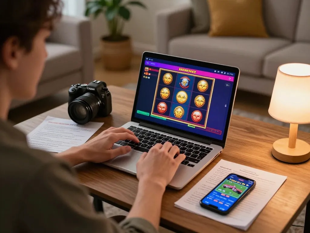 Pemakai DASI4D terbenam dalam perjudian online dengan layar permainan langsung dan catatan strategi.