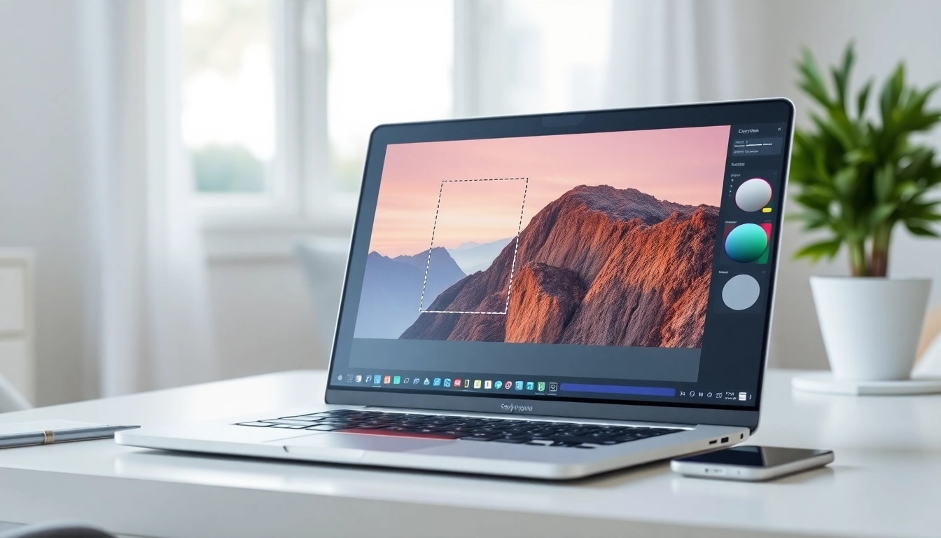 Crop image tool in action on a sleek laptop showing vibrant photos in a bright home office.