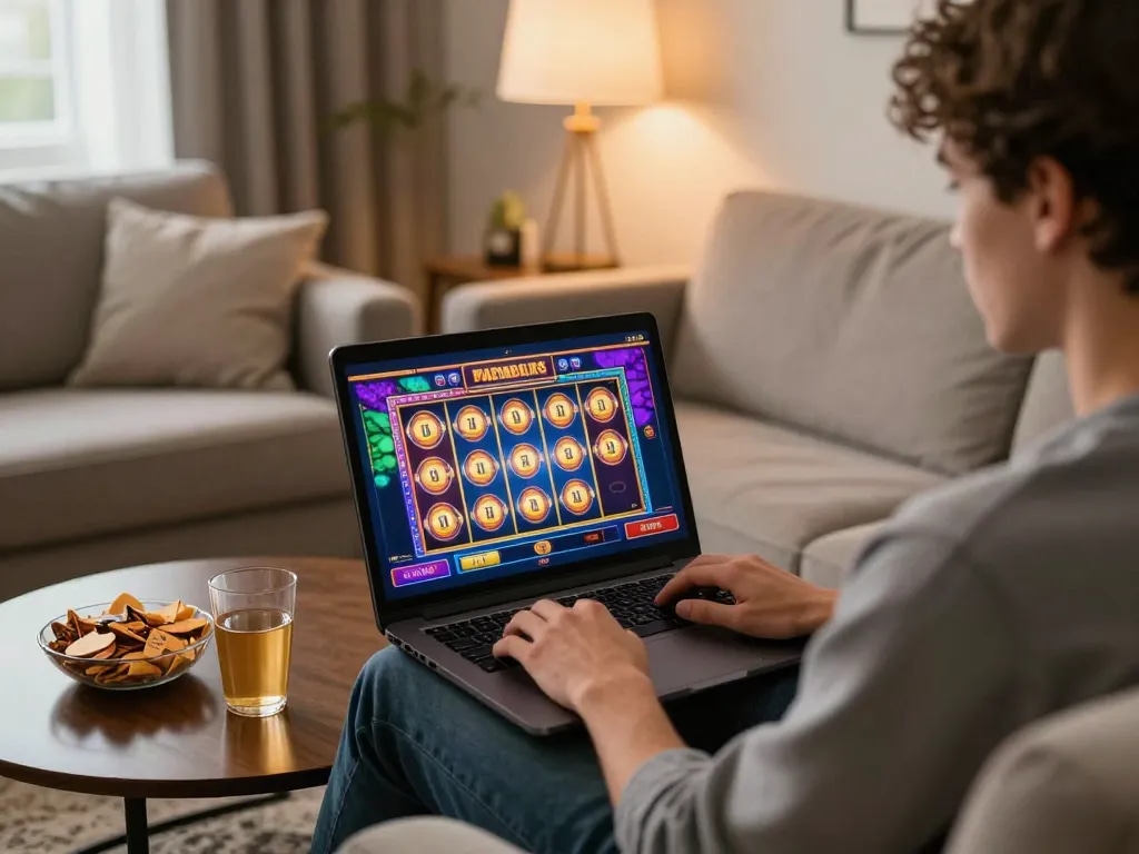 Truy cập ngay for online gaming on laptop, showcasing a dynamic casino setup filled with engaging slot machines.