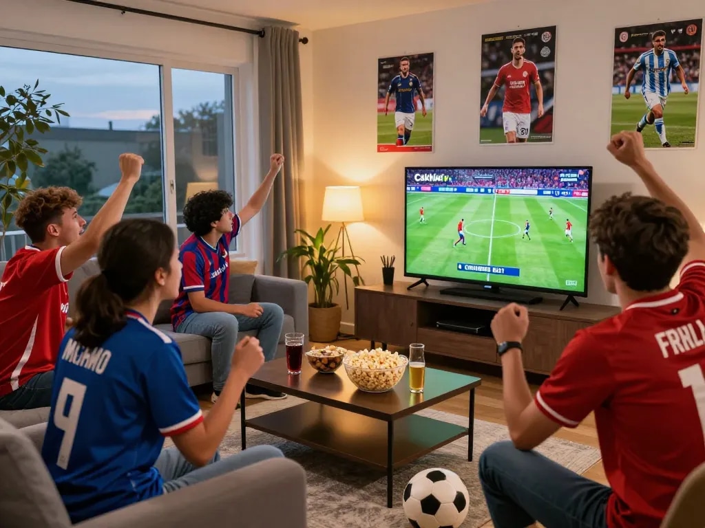 Cakhiatv live football match in a lively living room with excited fans.