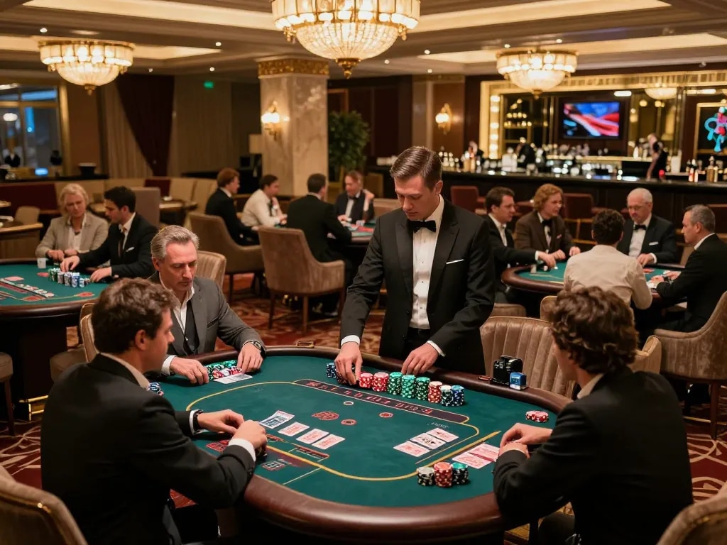 Players enjoying classic games at an upscale casino while engaging with TG88 gaming experience.