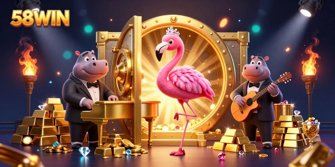 Engage with 58WIN's vibrant casino scene featuring a flamingo singer and hippo bassist amidst a treasure-filled background.