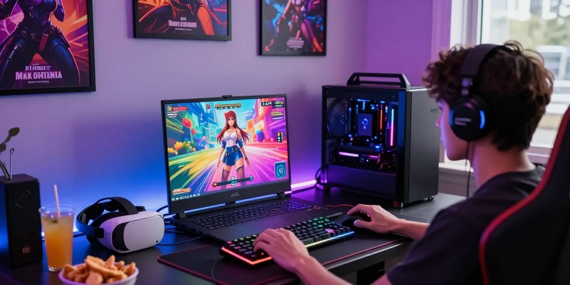 Playing an immersive HTML hentai game on a gaming laptop with colorful graphics.